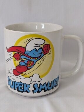 Vintage 80s SUPER SMURF Collectible White Coffee Mug - Wallace Berrie & Co 1982